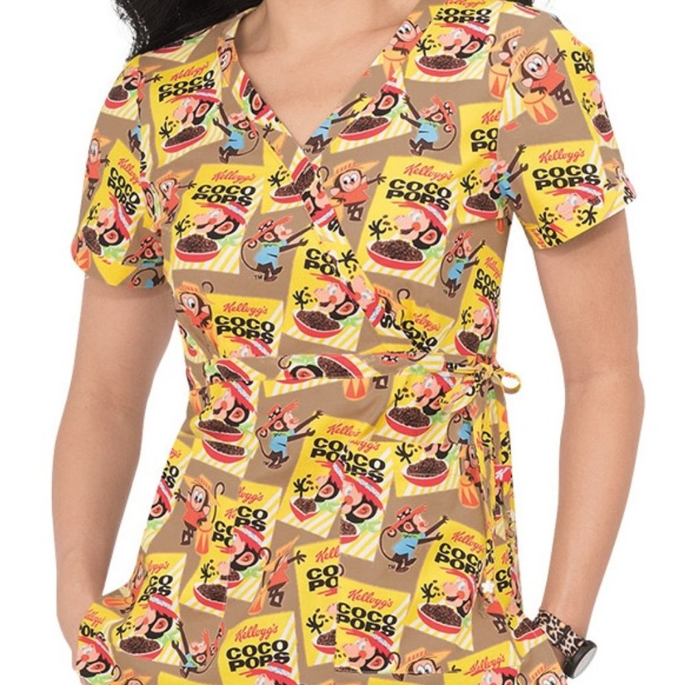 NEW KOI Kathryn Kellogg's Coco Pops Mock Wrap Scrub Top Limited Edition NWT XS S